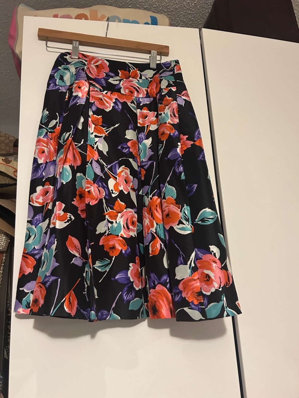 Express Black Floral Circle Skirt with Coral, Teal & Purple Blooms - Picture 1 of 8